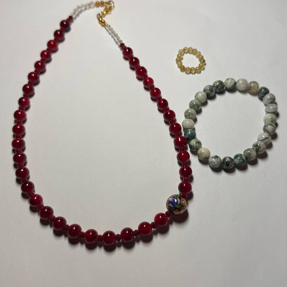 Vintage Red Beaded Necklace and Green Bracelet Set